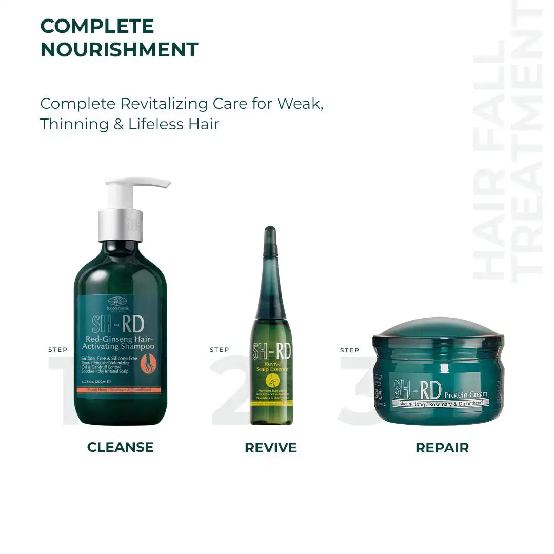 Three green hair care products labeled 'Cleanse', 'Revive', and 'Repair' on a white background.