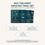 Promotional graphic for an SH-RD hair care trial set showing three dark teal bottles and tubes on a light beige background, with text explaining a 100% value redemption when upgrading to 200ml and two numbered callout boxes.