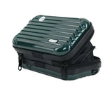 A dark green hard-shell travel case with black zippers and trim, shown open on a plain white background.