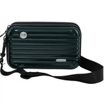 A dark green ribbed hard-shell crossbody bag with a black strap, featuring a circular 'Hi-RD' badge and a small silver 'Crafted in a Studio' plaque on a white background.