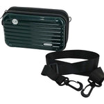 A dark green hard-shell travel case with a ribbed design, shown with a detachable black shoulder strap on a plain white background.