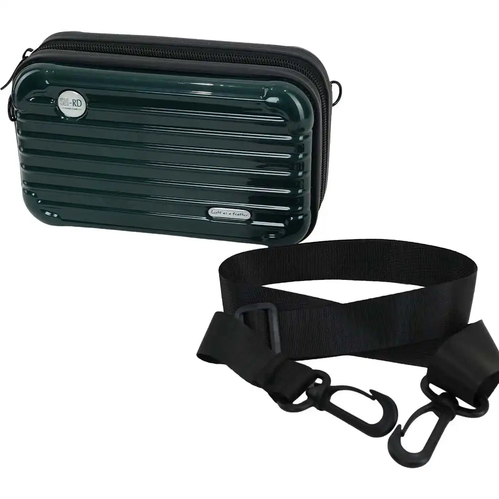 A dark green hard-shell travel case with a ribbed design, shown with a detachable black shoulder strap on a plain white background.