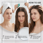 Three-panel instructional graphic showing how to use a hair essence or treatment. Step 1 shows a woman with a white towel wrapped around her hair after shampooing and rinsing.