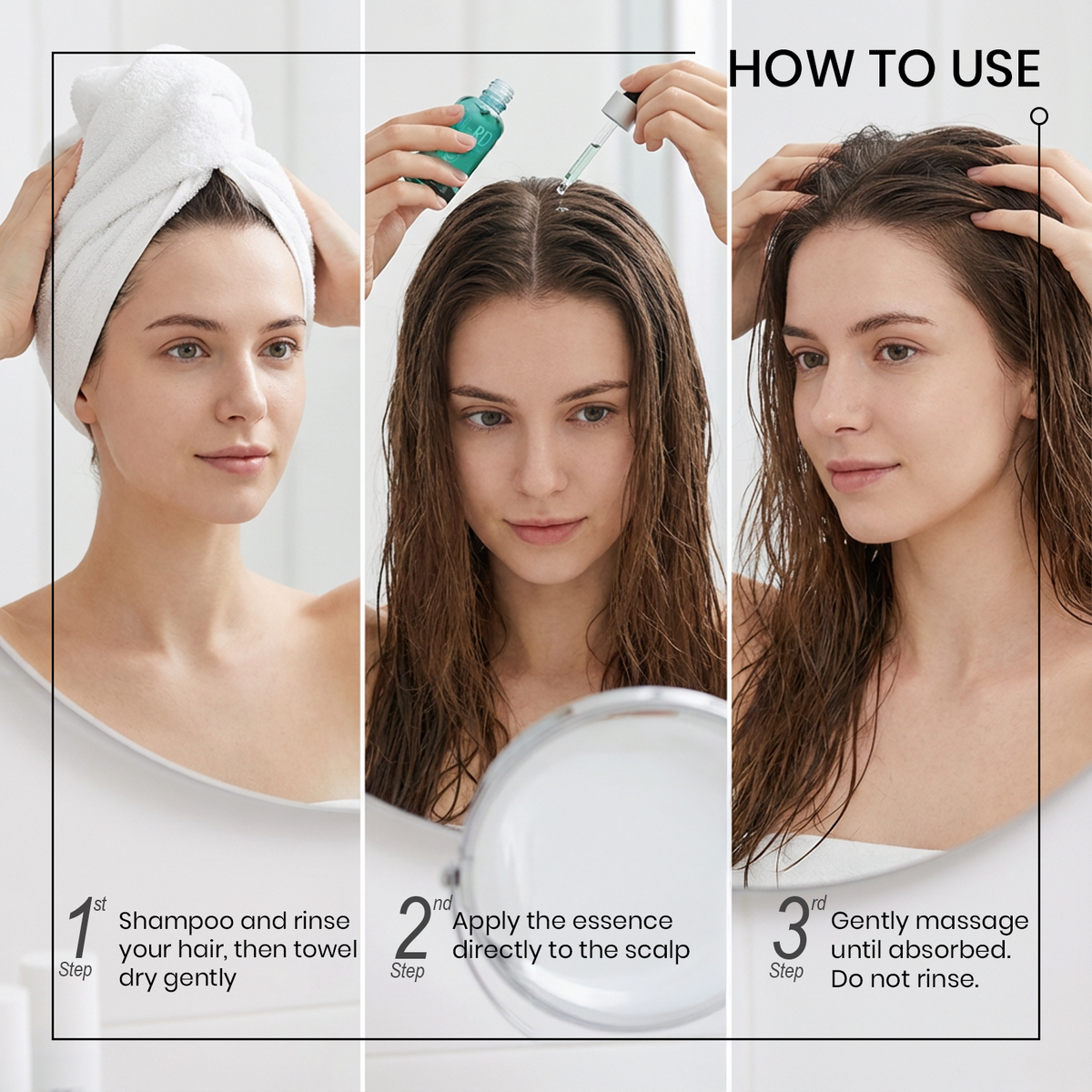 Three-panel instructional graphic showing how to use a hair essence or treatment. Step 1 shows a woman with a white towel wrapped around her hair after shampooing and rinsing.