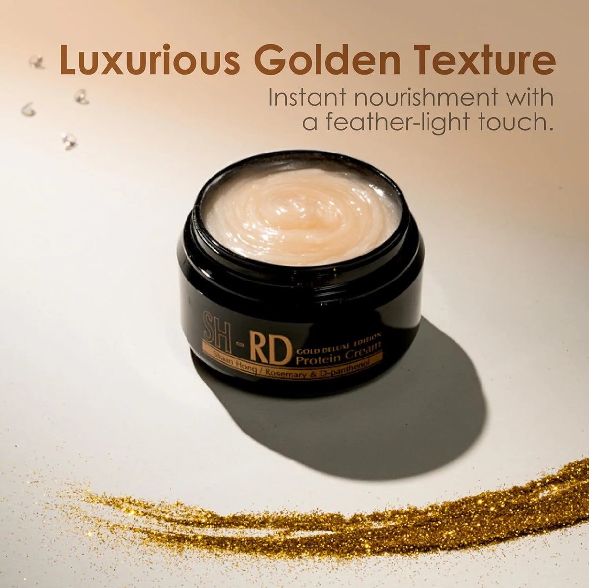 Jar of SH-RD protein cream with text about luxurious golden texture on a beige background