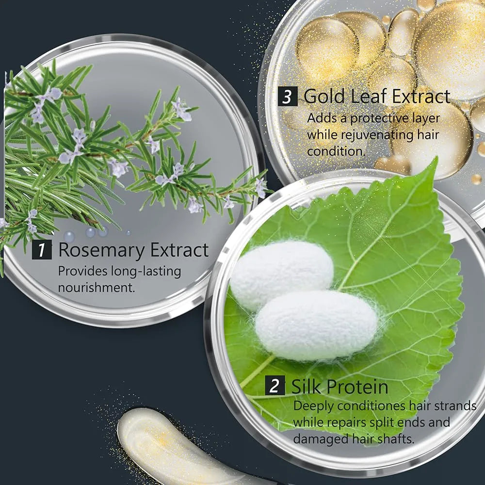 Cosmetic product withRosemary Extract, Gold Leaf Extract, Silk Protein, and other ingredients on a dark background.
