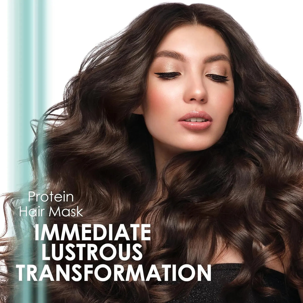Woman with long, wavy hair and text about protein hair mask
