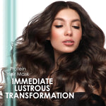 Woman with long, wavy hair and text about protein hair mask