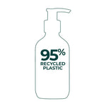 Outline of a bottle with 95% recycled plastic text on a white background
