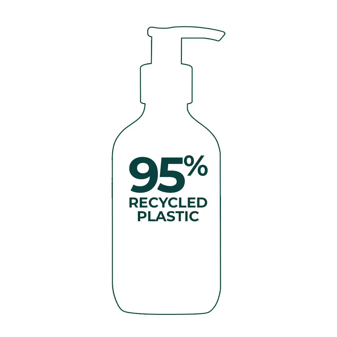 Outline of a bottle with 95% recycled plastic text on a white background