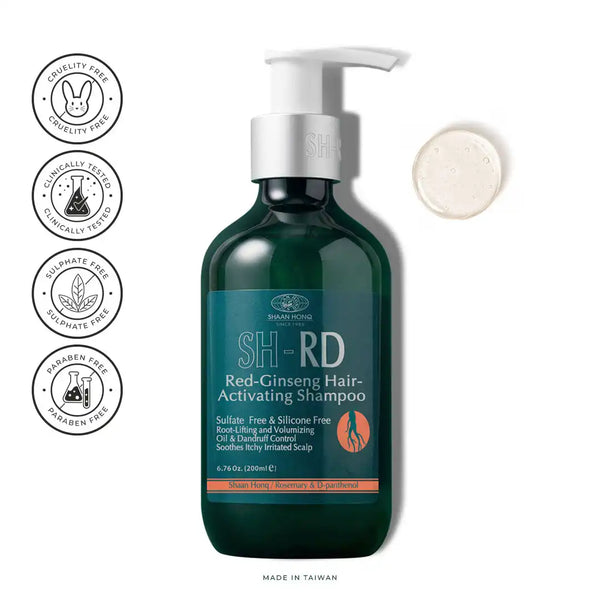 Green shampoo bottle with pump labeled 'SH-RD Red Ginseng Hair Activating Shampoo' on a white background.