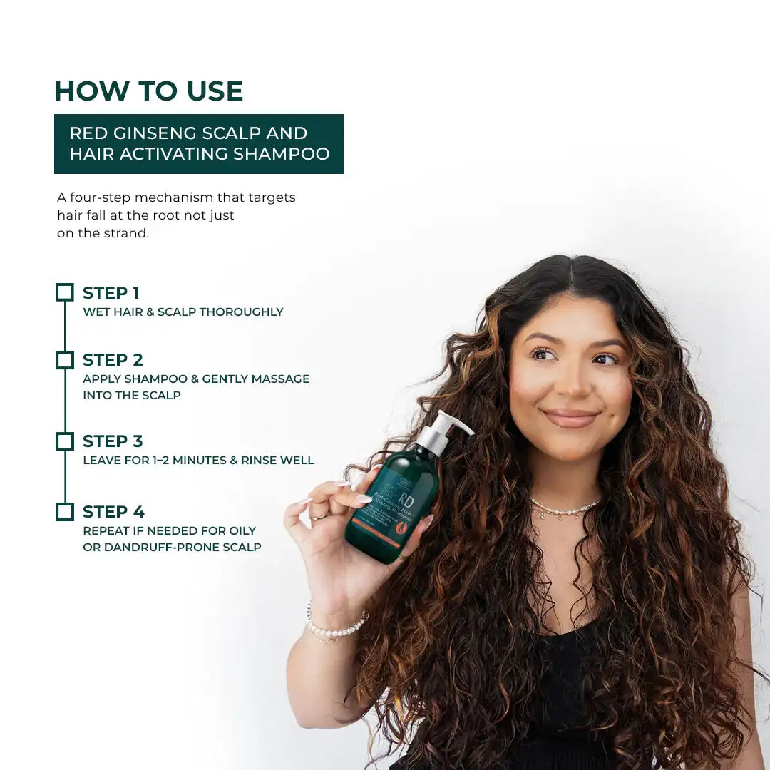 Woman with long hair holding a bottle of shampoo with usage instructions on a white background