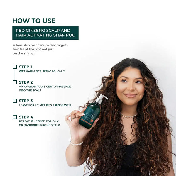Woman with long hair holding a bottle of shampoo with usage instructions on a white background