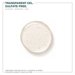 Transparent gel with bubbles on a white background, labeled as sulfate-free and vegan.