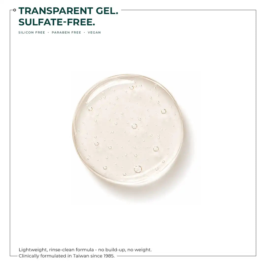 Transparent gel with bubbles on a white background, labeled as sulfate-free and vegan.