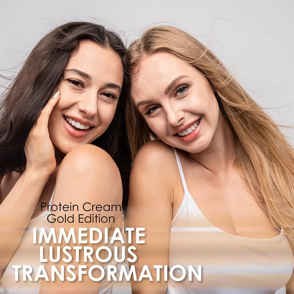 Two women with smooth skin and text about a protein cream product.
