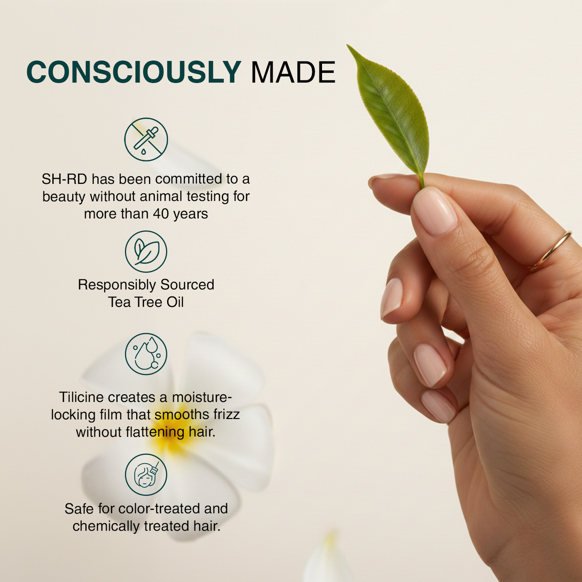 A hand with light pink manicured nails holds a green tea tree leaf against a soft beige background with text highlighting SH-RD's commitment to animal testing, responsibly sourced tea tree oil, a moisture-locking film, and safety for color-treated and chemically treated hair.