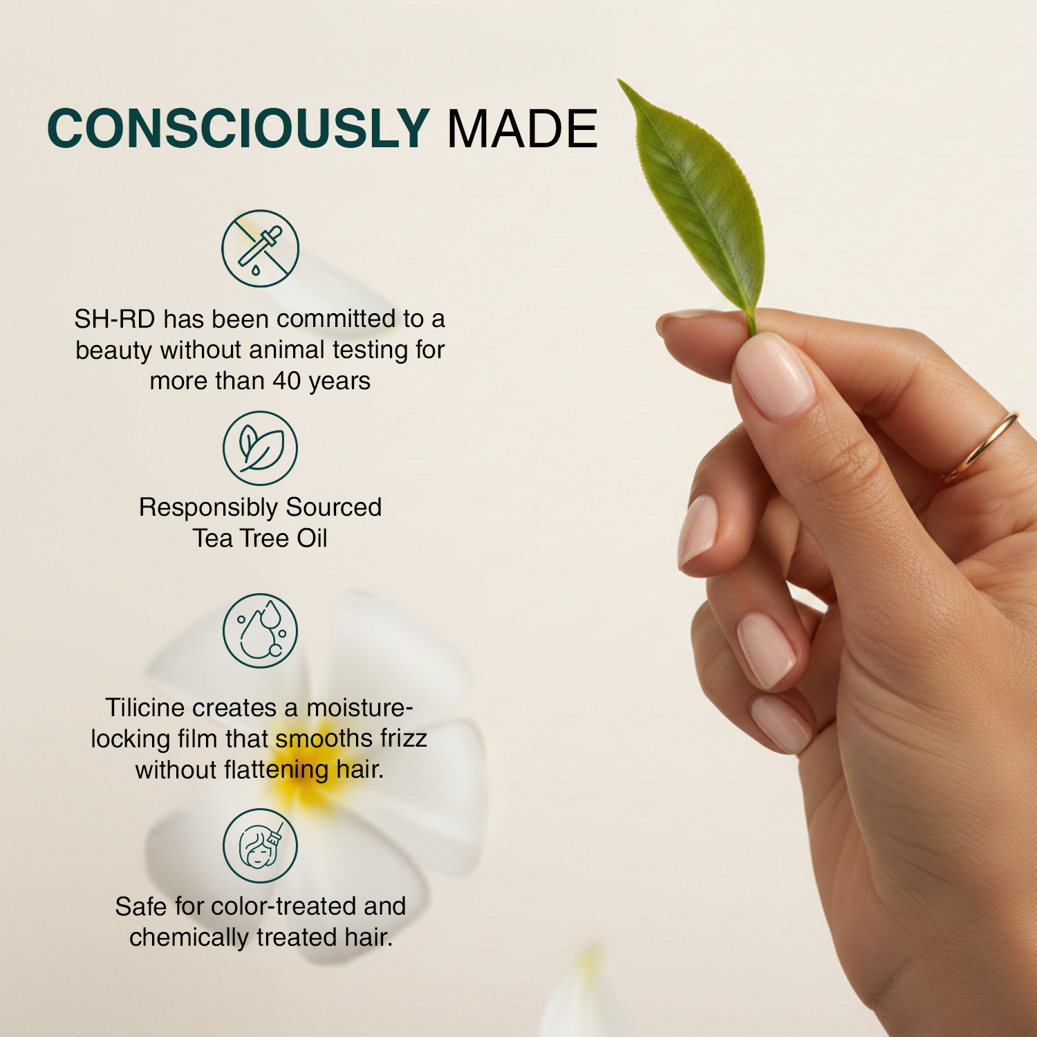 A hand with light pink manicured nails holds a green tea tree leaf against a soft beige background with text highlighting SH-RD's commitment to animal testing, responsibly sourced tea tree oil, a moisture-locking film, and safety for color-treated and chemically treated hair.