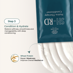 A teal sachet of SH-RD Conditioner from Shamsi Hormo is shown on a light beige background with instructional text and a smear of white conditioner below, highlighting wheat protein benefits.