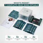 A product bundle display for SH-RD Advanced Light Hair Care Kit showing the white outer box, multiple dark teal sachets, a white insert card, and a black booklet on a white background, with text reading 'WHAT'S INSIDE? 7 COMPLETE HEAD WASH RITUALS' and a summary of included items at the bottom.