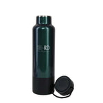 A dark green insulated water bottle with a black base and a separate black cap with a carrying loop, shown on a plain white background. The bottle features the brand name 'SH-RD' printed in white.